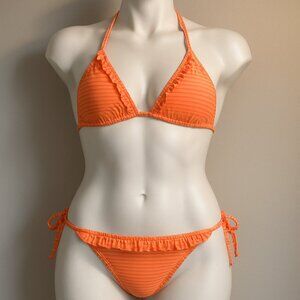 VS PINK Ruffle String Bikini Pink Yellow Stripe M Bottom L Top